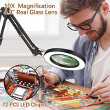 VUEJIC 10X Magnifying Glass with Light and Clamp, Magnifier with Light Hands Free3 Color Modes Stepless Dimmable, 72 LEDs Real Glass Lens Magnifying Lamp for Close Work, Repair, Reading, Craft