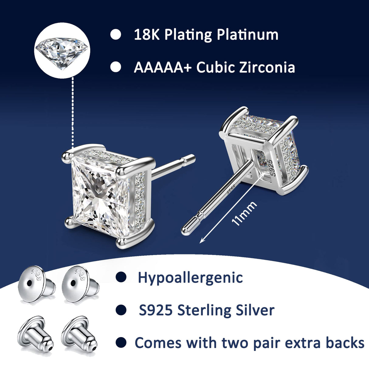 Princess Cut Cubic Zirconia Stud Earrings for Men Women (6MM, White Gold)