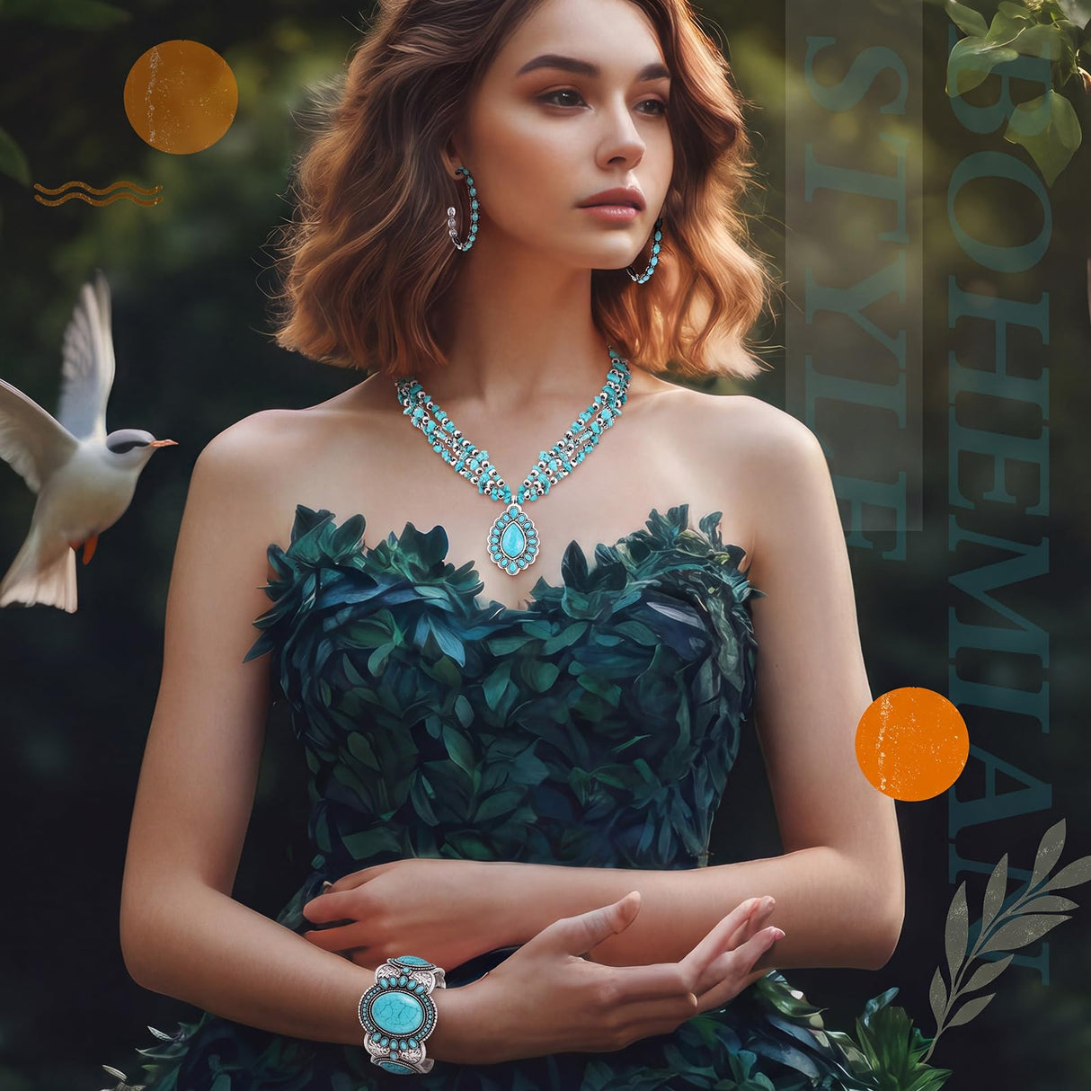 Inbagi 3 Pcs Western Jewelry for Women Bohemian Turquoise Jewelry Set Women Country Pendant Long Choker Layered Bracelets Earrings