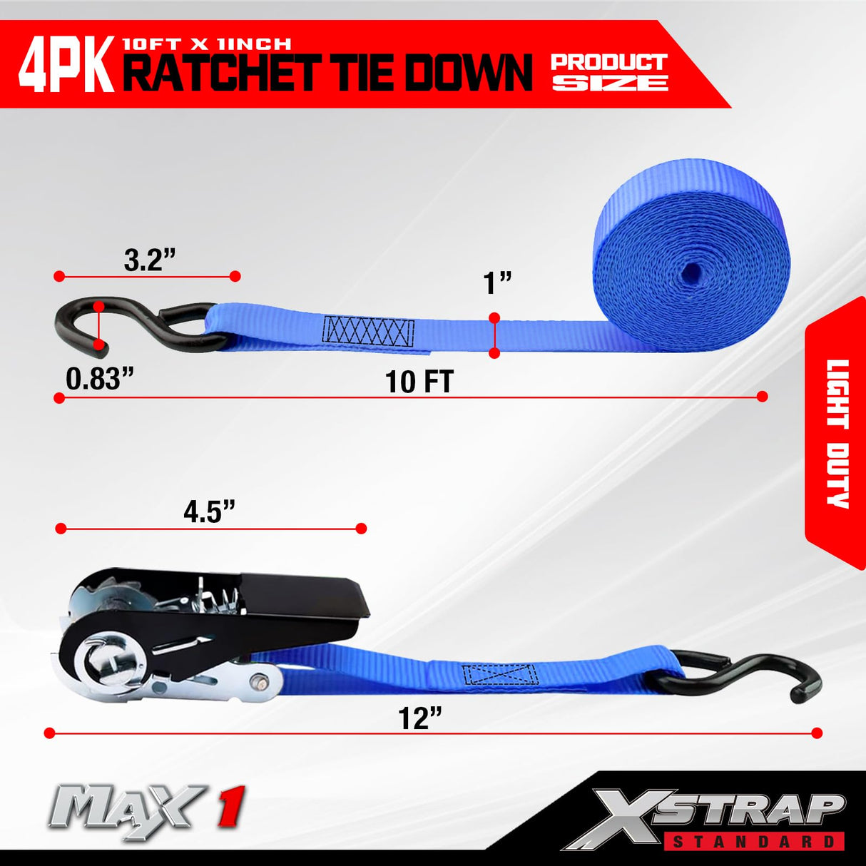XSTRAP STANDARD Ratchet Tie Down Straps 4 Pk 10 Ft- 300 Lbs Load Cap- 900 Lbs Break Strength-Cargo Straps for UTV, ATV, Pickup,Truck, Moving Appliances, Lawn Equipment, Blue