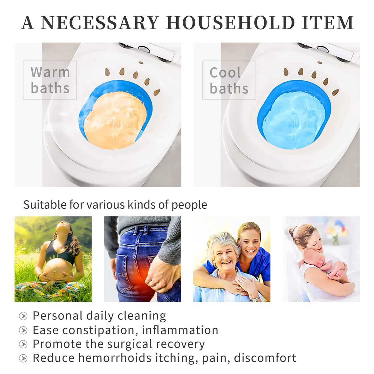 Sitz Bath for Toilet Hemorrhoids Postpartum Care, Perineal Soaking Bath Over The Toilet Seat, Collapsible Sitz Basin with Flusher for Vaginal Anal Inflammation Treatment, Yoni Steam Seat, White/Blue