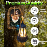 REYISO Garden Gnome Statue with Solar Lights Mom Dad Gifts Summer Decor Fairy Garden 10 in Elf Outdoor Tree Hugger Statues- Tree Face Sculpture, Yard Art for Patio,Fence,Lawn,Wall Gnomes Ornament