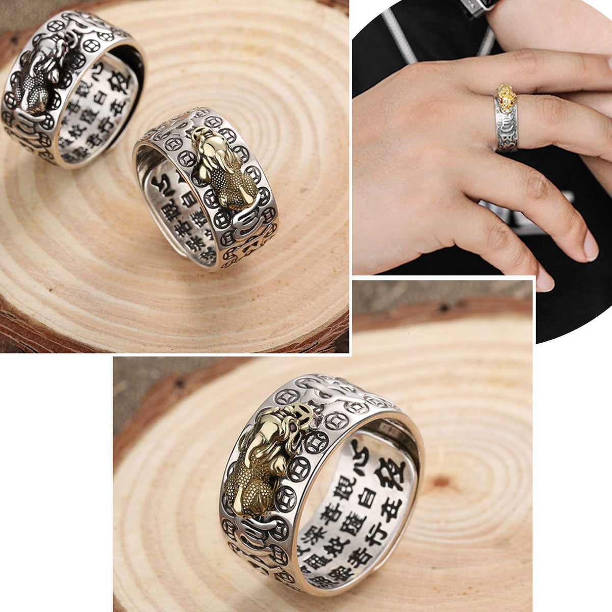 HJ HUAJ 990 Silver Feng Shui PiXiu Adjustable Ring MANI Mantra Protection Wealth Ring