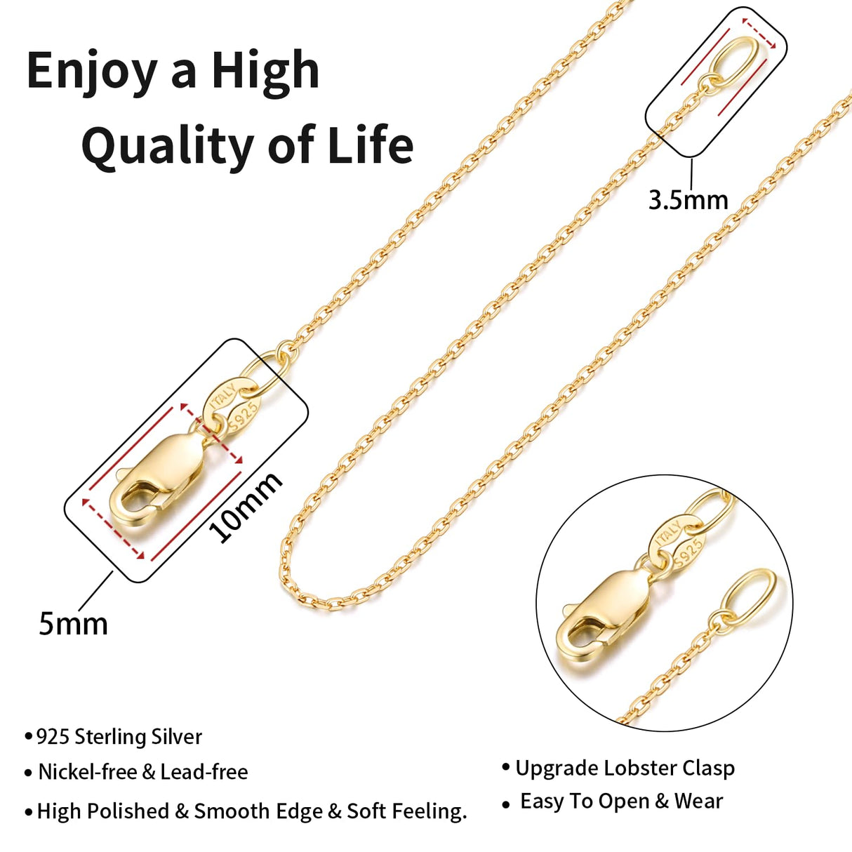 Jewlpire 18k Gold Plated Chain Necklace for Women, 1.1mm Cable Chains 18K Gold Plated Chain for Women Shiny & Sturdy Women's Chains Necklace, 18 Inches