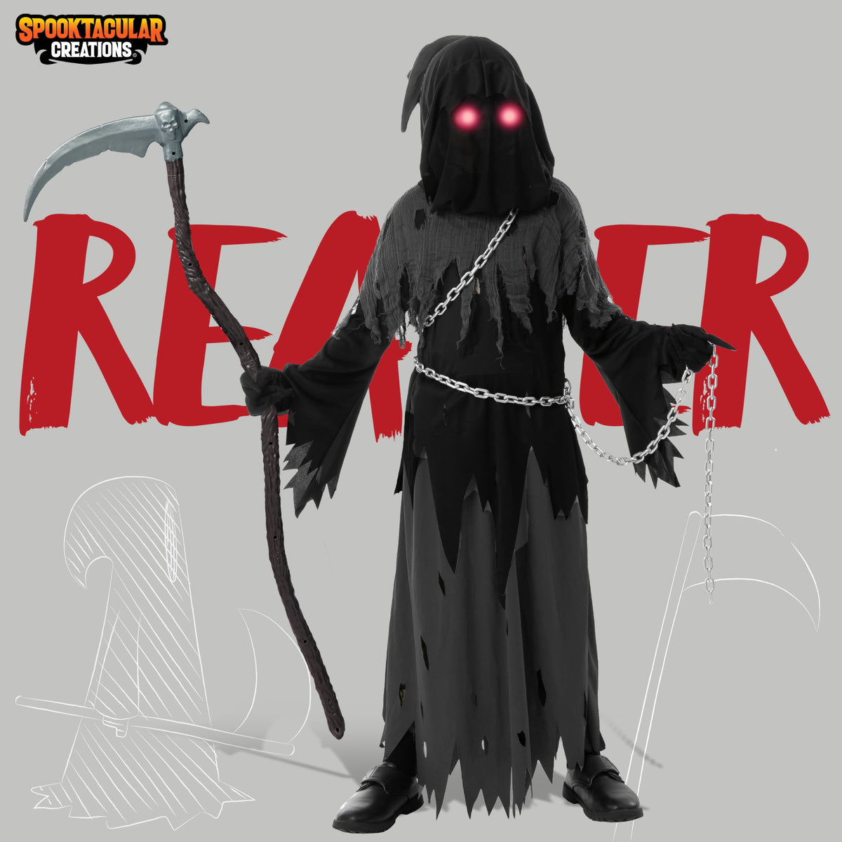 Spooktacular Creations Glowing Eyes Grim Reaper Costume for Kids, Halloween Costume for Boys, Halloween, Dress-up Party