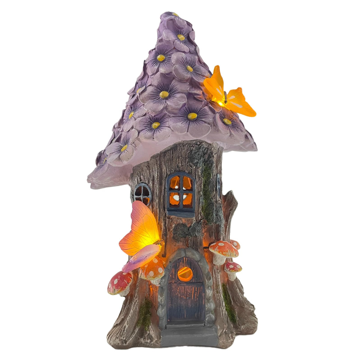 COWOS Mushroom House Statue, Garden Decor Outdoor Solar Statues, Solar Garden Statue Lights, Fairy Garden Decorations, Mushroom Fairy House Figurine with Butterflies and Flowers for Yard Decor