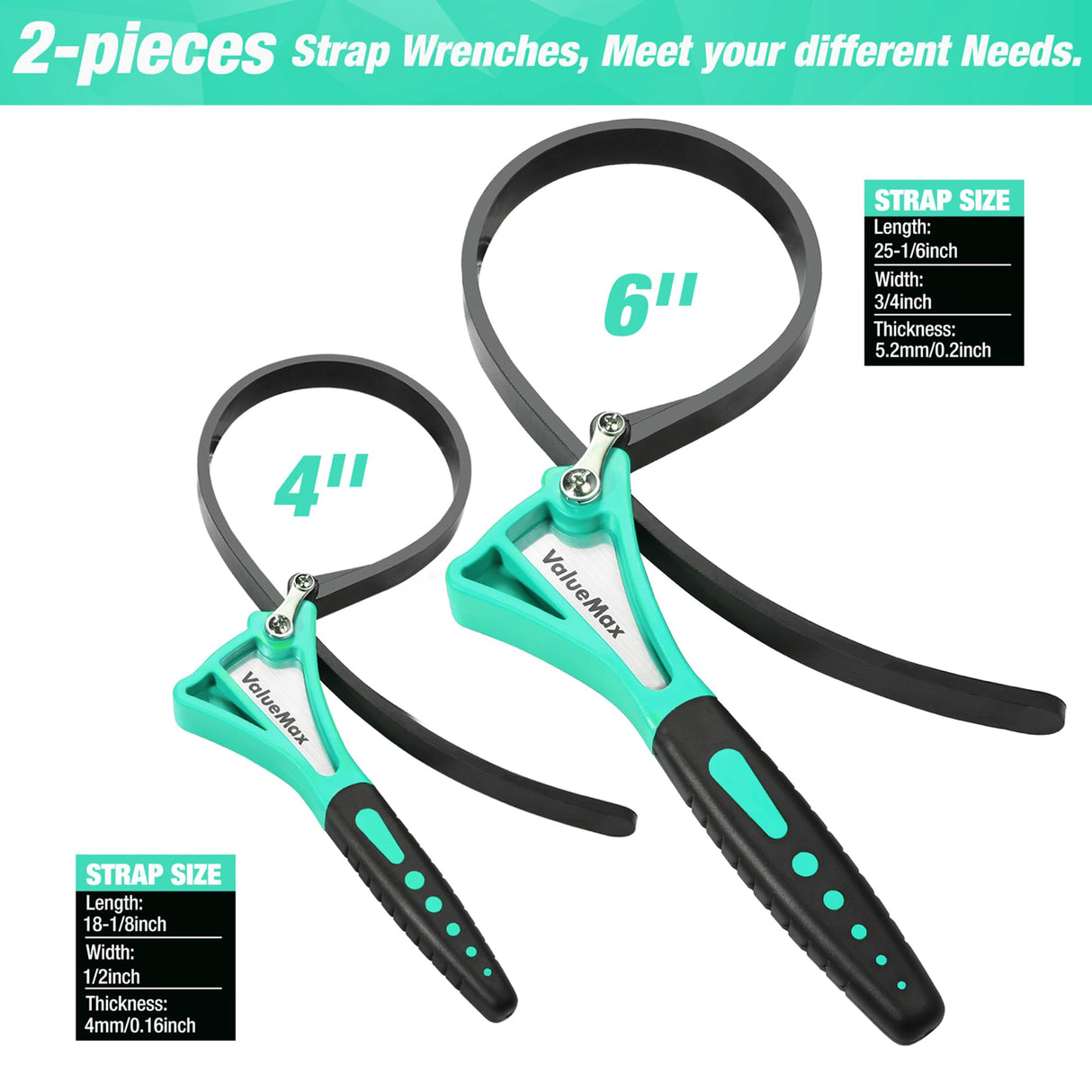 ValueMax 2-piece Strap Wrench Set, Adjustable Oil Filter Wrench with Max Diameter 4" (Small) and 6"(Large) for Shower Head Water Filter, Jar Opener Set, Green