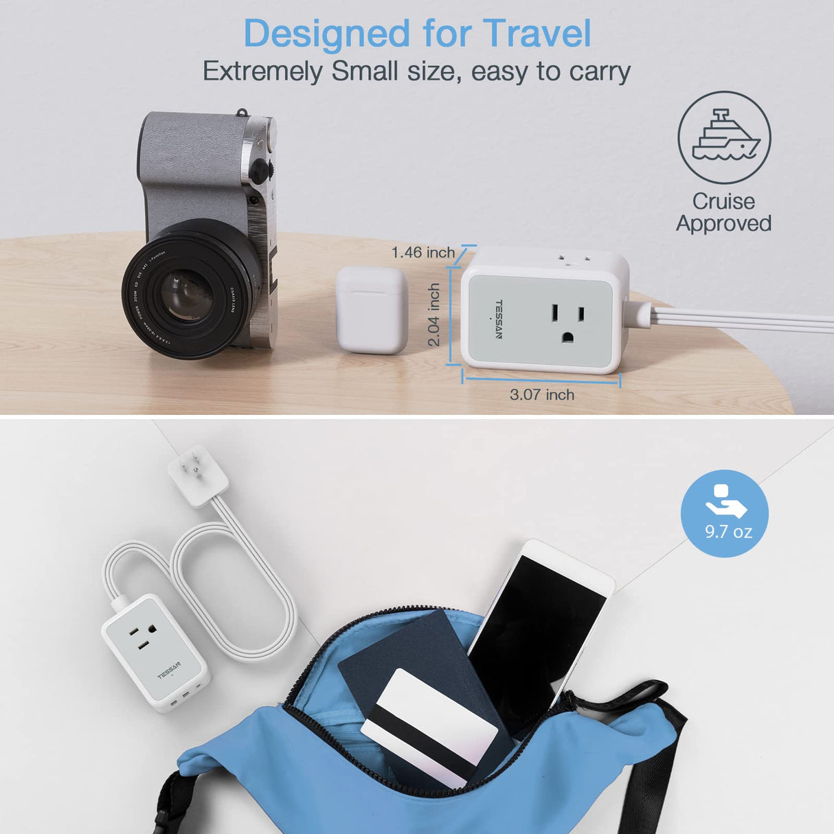 TESSAN Small Flat Plug Power Strip, Ultra Thin Extension Cord 5 ft, 3 AC Outlets with 3 USB Ports (1 USB C), Multiple Wall Outlet Extender for Cruise Travel Office School Dorm Room Essentials