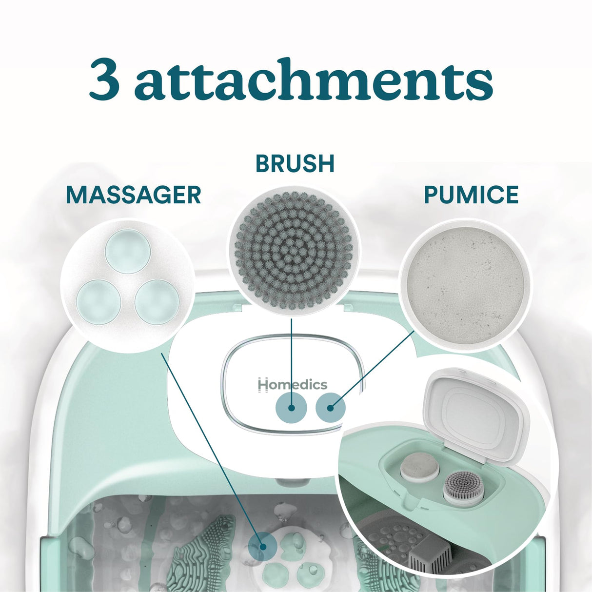 Homedics Smart Space Elite Footbath with Heat Boost, Collapsible, Invigorating Bubble Massage, 3 Pedicure Attachments, Safe to Use Bath Salts, Patented Safety-Lock System, Ergonomic