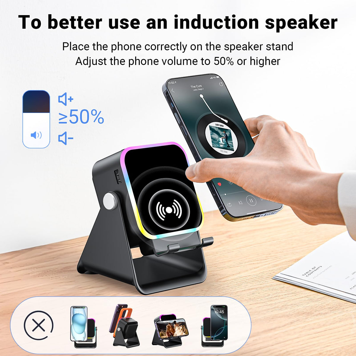 Induction Speaker with Phone Stand 5 in 1 Wireless Bluetooth Audio Black