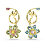 Swarovski Idyllia drop earrings, Asymmetrical design, Mixed cuts, Flower, Multicolored, Gold-tone finish