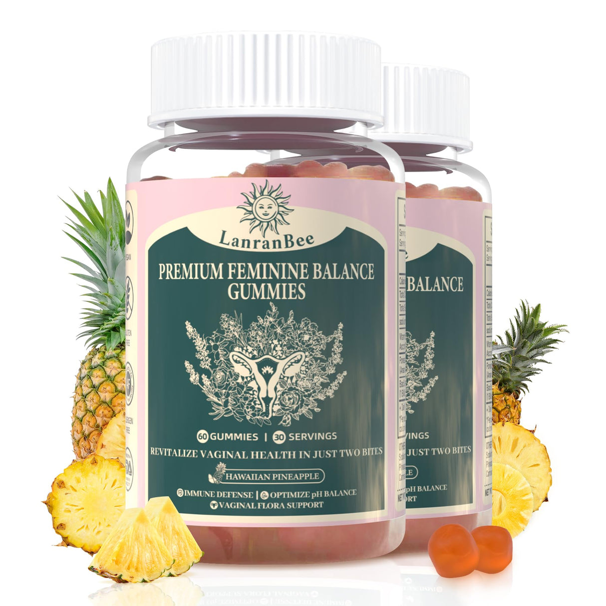 LanranBee Premium Feminine Balance Gummies - for Women’s Health & Wellness - Immune Support - Vegan, Gluten-Free & Halal - Hawaiian Pineapple - 60 Gummies - 30 Servings (2)