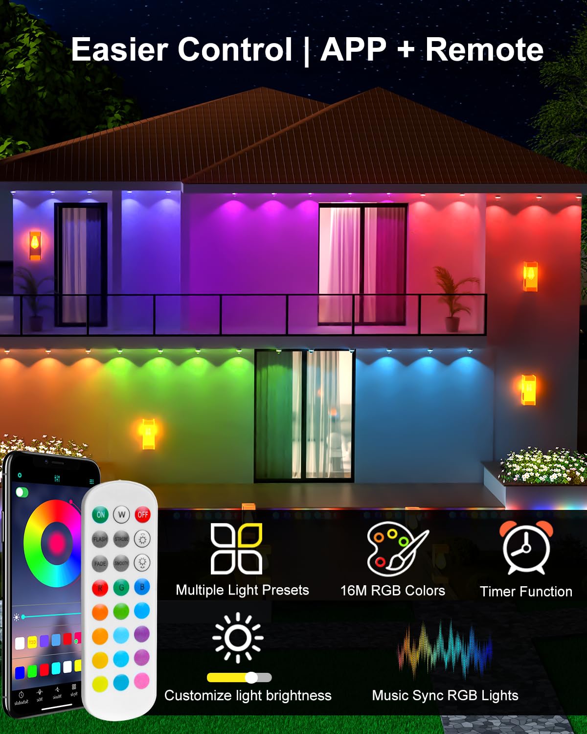 Tropwellhouse Permanent Outdoor Lights for House, 100ft RGB Smart LED Eave Lights with APP & Remote Control, IP67 Waterproof for Outdoor Decorations Including Halloween, Christmas, and Daily Lighting