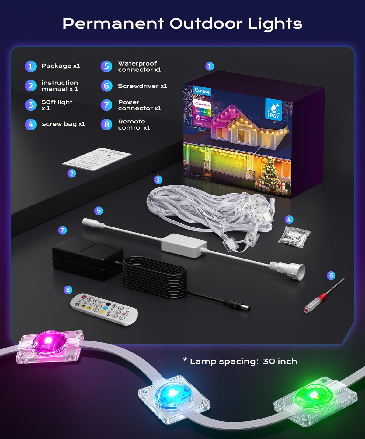 Ecoeve Permanent Outdoor Lights for House, 50ft Christmas RGB+IC Lights