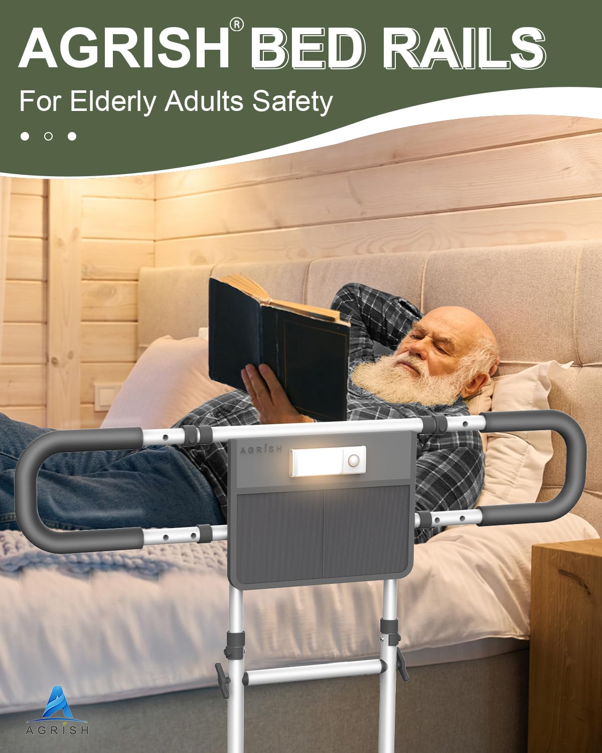 Agrish Bed Rails for Elderly Adults Safety - FSA/HSA Eligible with Motion Light & Storage Pouch - Bed Assist Rails for Seniors, Surgery Patients & Handicap, Fit King Queen Full Twin Bed