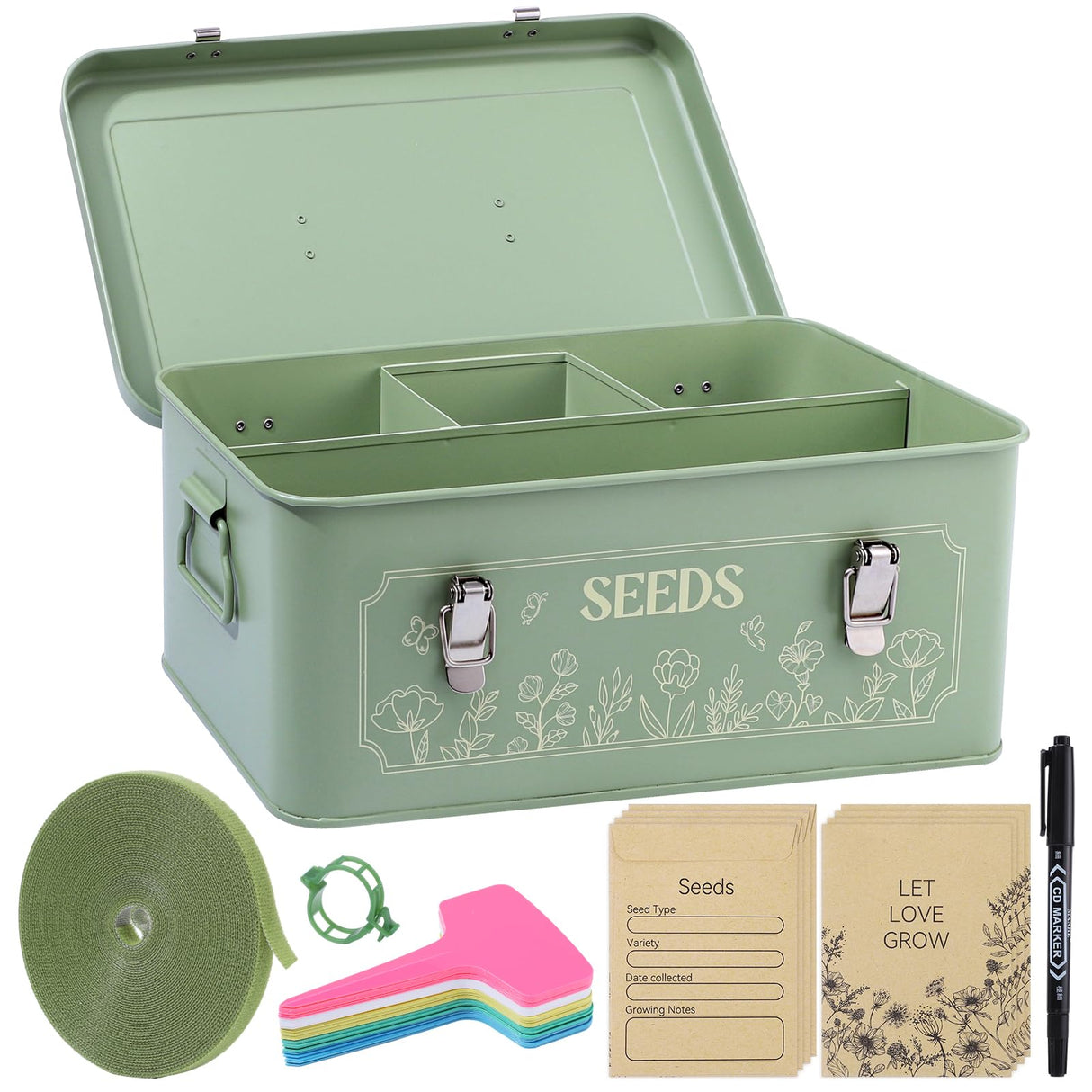Pimoys Seed Storage Organizer, Metal Seed Saving Box with Lid, Seed Bank Container with 50 Labels 50 Envelopes 20 Plant Clips 32.8Ft Plant Tie, 4 Compartments Box Garden Seed Bin with Safety Locks