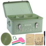 Pimoys Seed Storage Organizer, Metal Seed Saving Box with Lid, Seed Bank Container with 50 Labels 50 Envelopes 20 Plant Clips 32.8Ft Plant Tie, 4 Compartments Box Garden Seed Bin with Safety Locks