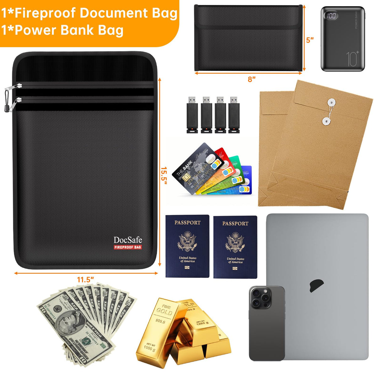 DocSafe Fireproof Document Bag (5200℉) with Fireproof Organizer Travel Case,Heat Insulated Fire＆Water Resistant 8 Layers Safe Money Bag Storage for Important Documents,Cash,Power Bank,Valuables,Black