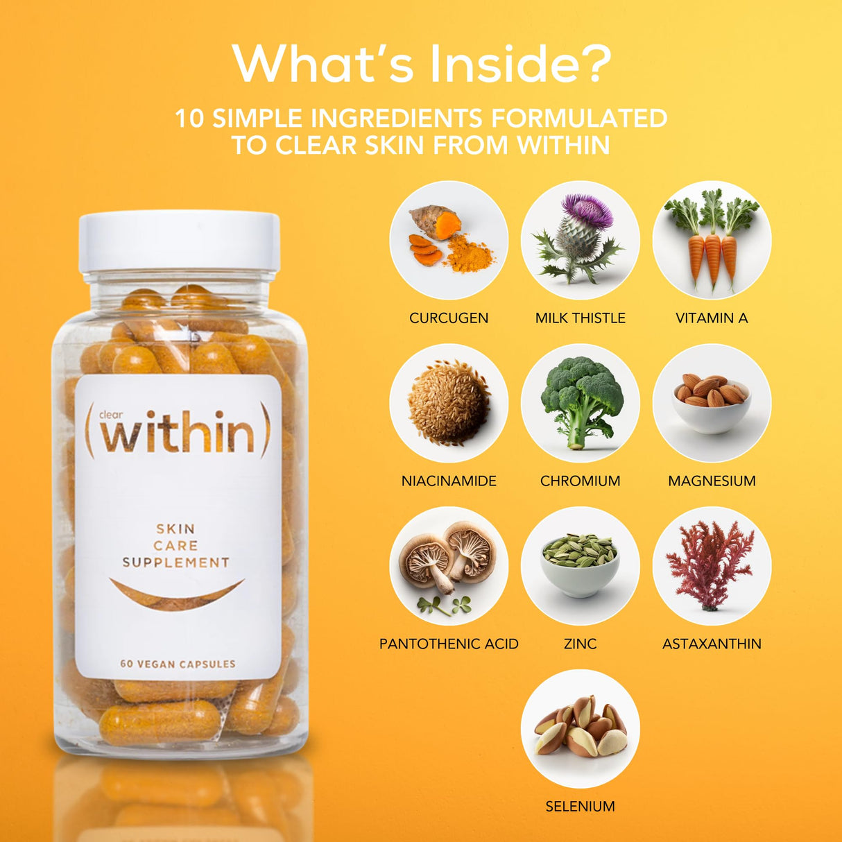 Clear Within Clear Skin Vitamin - with 10 Natural Ingredients for Acne-Free, Clearer Complexion, Oil Control & Blemish Minimization. Supports Skin Clarity | Non-Synthetic 60 Cap/Bottle