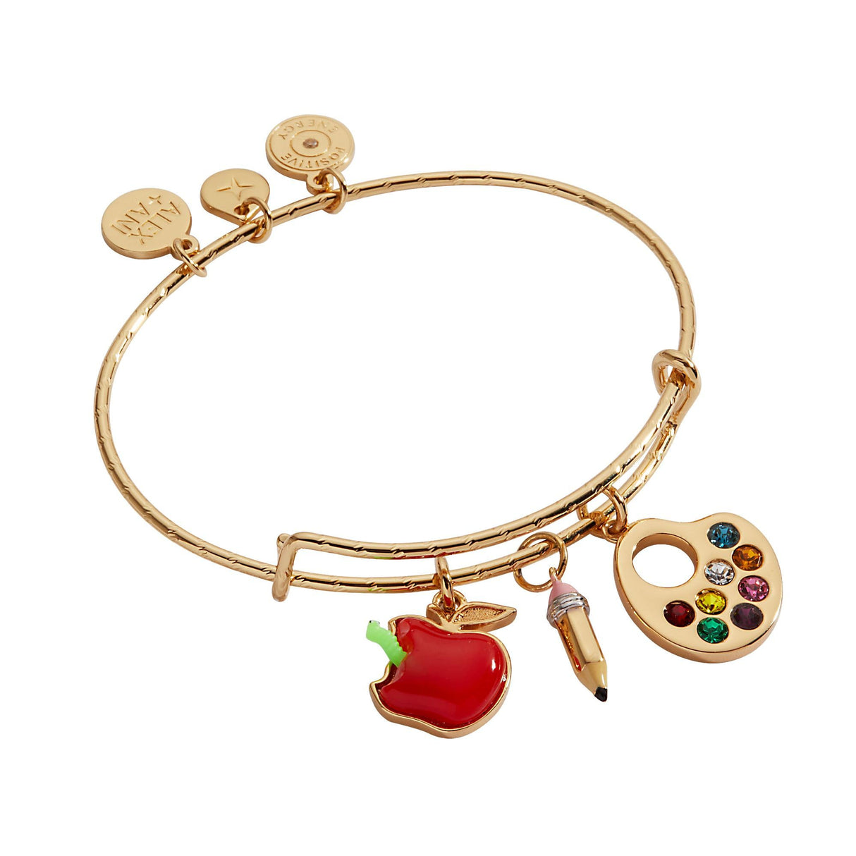 Alex and Ani Teacher’s Multi Charm Textured Bangle - School-Inspired Charms: Paint Palette, Pencil, Red Apple, Gold Finish, Cute Bracelets for Women, Easy Stack