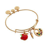 Alex and Ani Teacher’s Multi Charm Textured Bangle - School-Inspired Charms: Paint Palette, Pencil, Red Apple, Gold Finish, Cute Bracelets for Women, Easy Stack