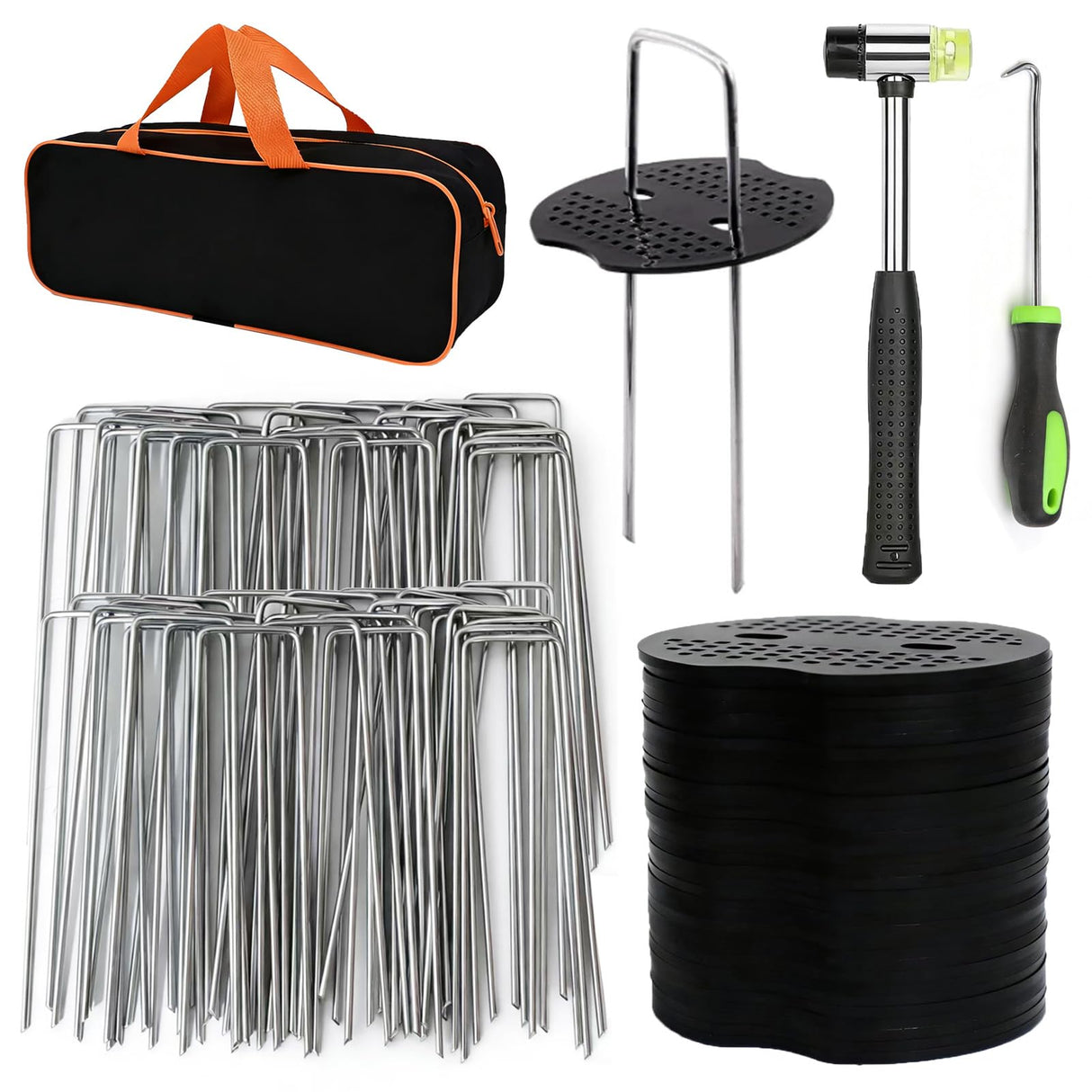 202Pcs Garden Stake Staple kit, 100Pcs 6-inch U-Shaped Landscape Staples, 100 Fixing Gasket, Pick Hook, Rubber Mallet Used for for Weed Barrier Fabric, Ground Cover, Holding Fence and Artificial Turf