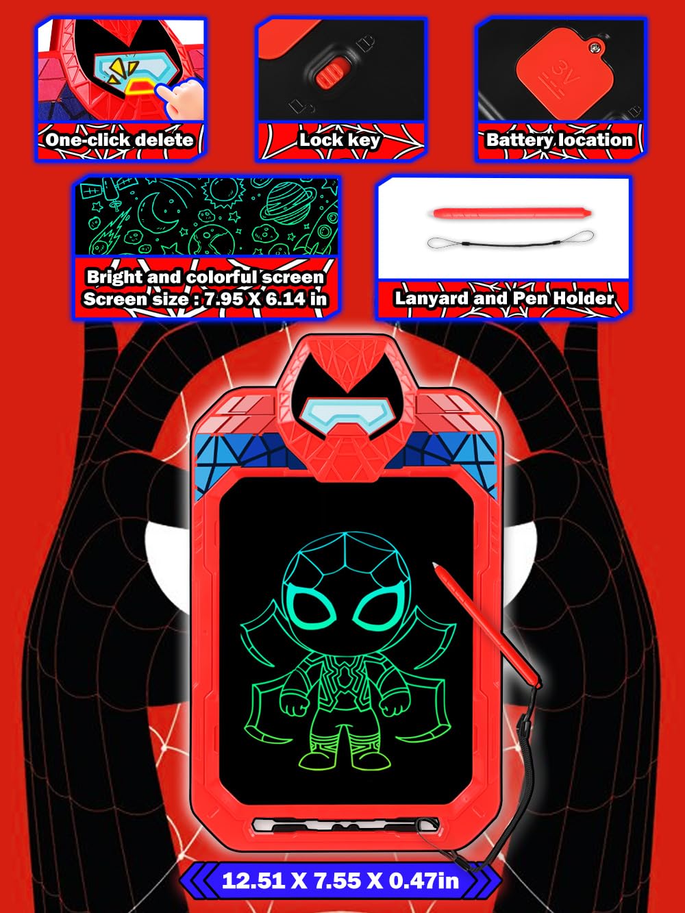 Fullware LCD Writing Tablet for Kids 10 Inch Spider Hero for Toddler 3 4 5 6 7 8 - Paint, Doodle Board, Drawing Pad - Travel Toys, Road Trip Car Activities, Birthday Christmas Gift Boys & Man