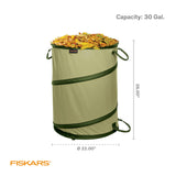 Fiskars Kangaroo Collapsible Spring Up Garden Bag for Yard Waste, Grass, Branches & Weeds, Tear & Mildew Resistant Vinyl-Coated Polyester, Folds Flat to 3 Inches for Space-Saving Storage, 30 Gallon