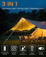 Bylitodt Camping String Lights, Retractable 32.8ft RGB Flash Lamp, Rechargeable Fairy LED Rope Lights Outdoor Waterproof, Portable Hanging Lantern for Outside Tent Patio Awning Garden RV Essentials
