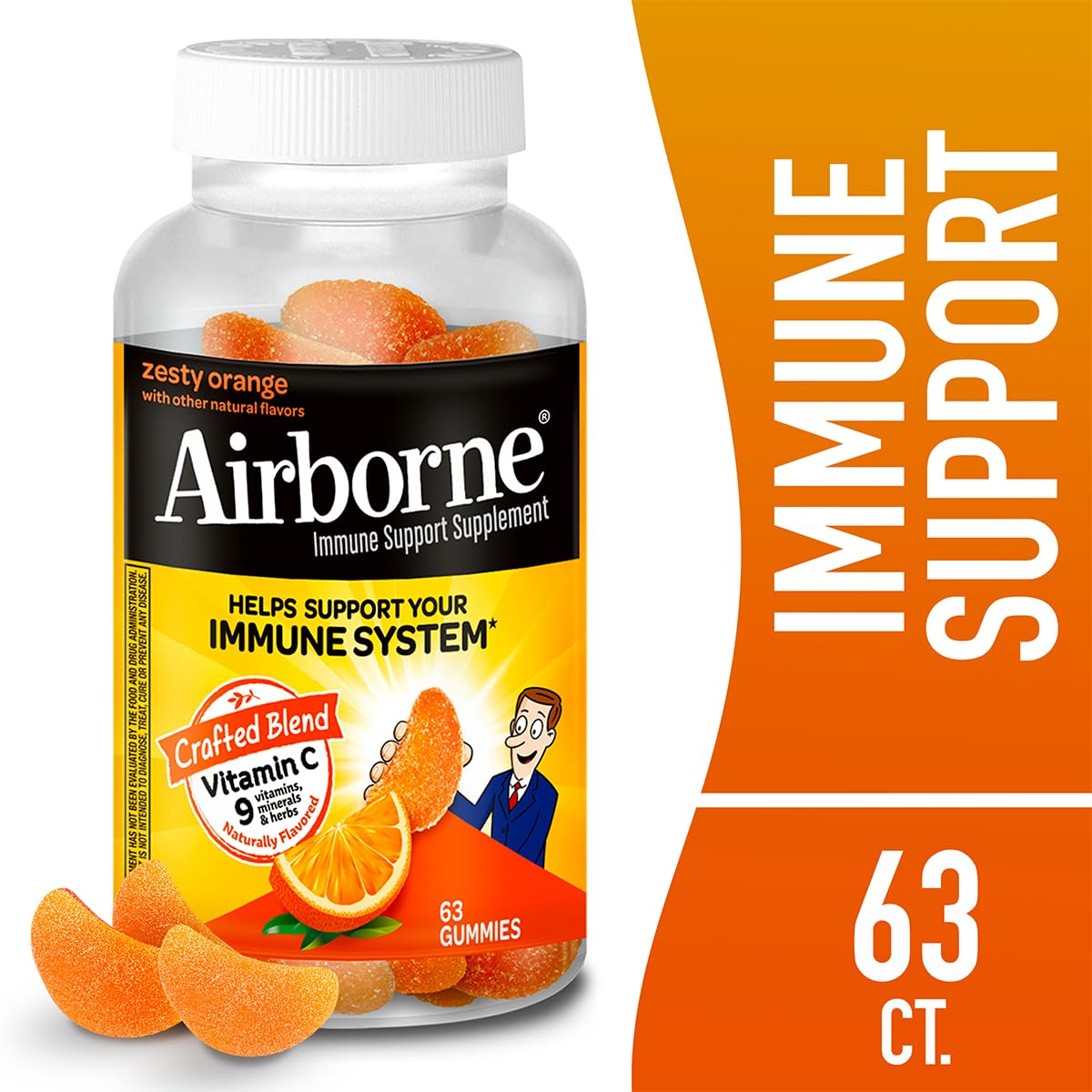 Airborne 750mg Vitamin C Immune Support Supplement Gummies for Adults, Zesty Orange Flavor, Gluten Free Crafted Blend with Powerful Antioxidants Vitamins A C & E, 63 Gummies (3 Pack)