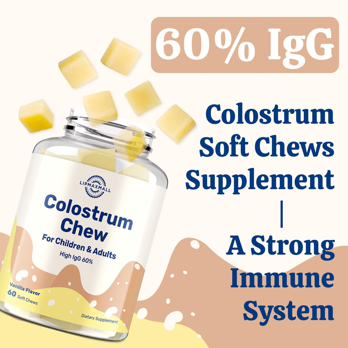 Bovine Colostrum Chews Supplement with 60% IgG for Humans Women Men Kids- for Immune, Gut, Bone, Joint, Cognitive, Overall Growth, from Grass-Fed Cows & Vanilla Flavor, 60 Soft Chews