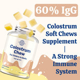 Bovine Colostrum Chews Supplement with 60% IgG for Humans Women Men Kids- for Immune, Gut, Bone, Joint, Cognitive, Overall Growth, from Grass-Fed Cows & Vanilla Flavor, 60 Soft Chews