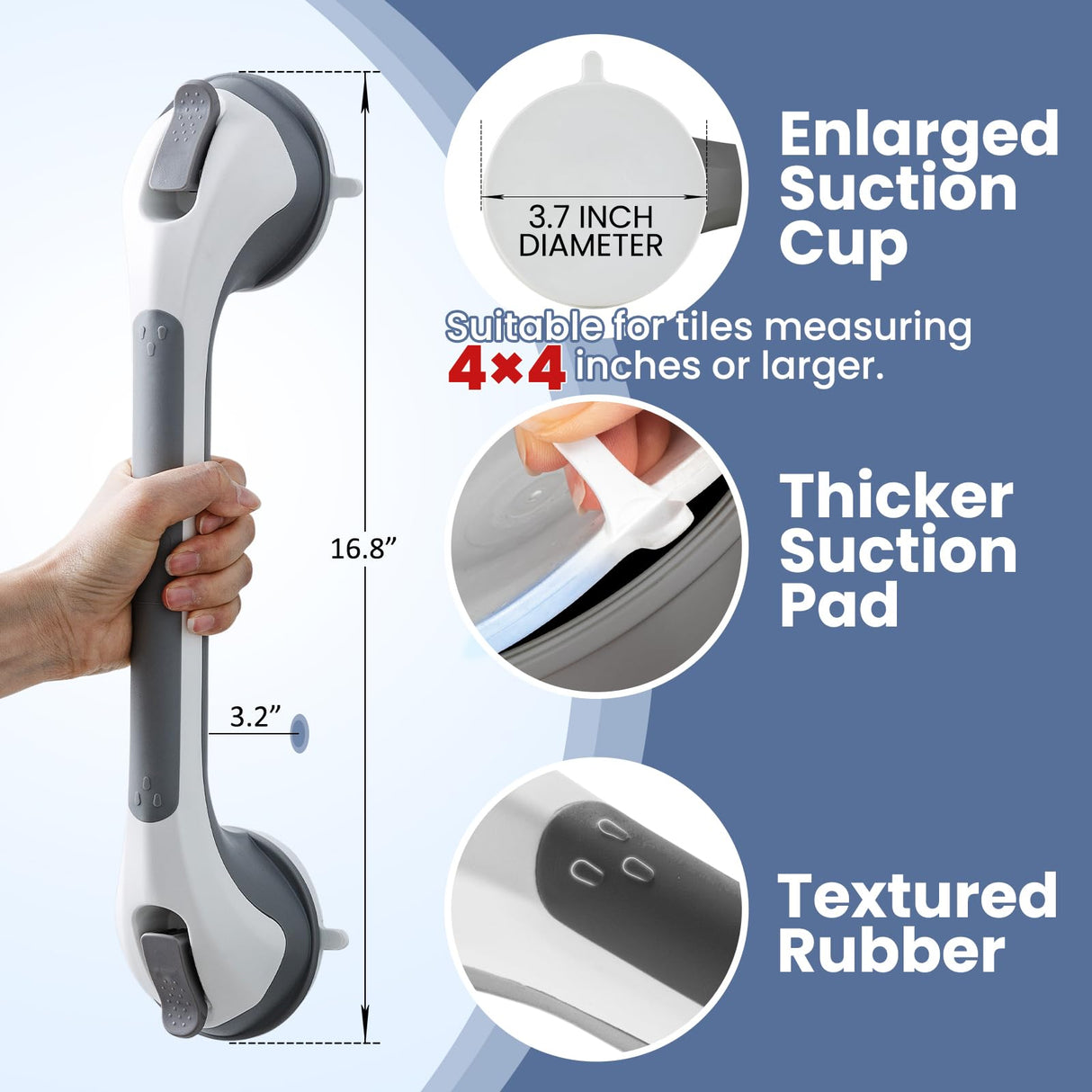 TAILINK Grab Bars for Bathtubs and Showers 2 Pack Shower Handle, Heavy Duty Suction Grab Bar Bath Handrails for Seniors and Elderly, Bathroom Safety Grip No Drilling Waterproof Removable, Grey