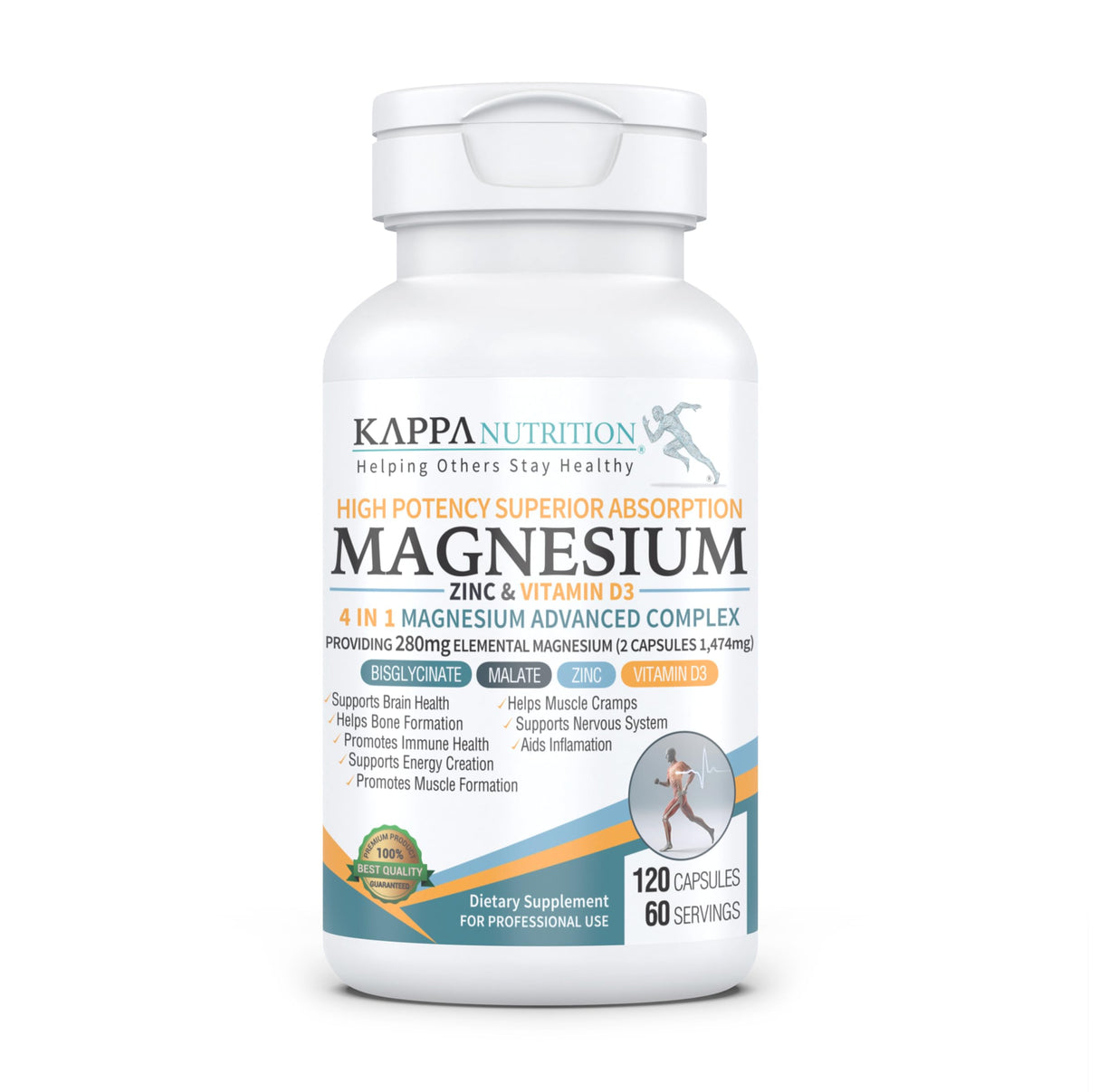 Kappa Nutrition Magnesium 4-in-1, 280mg Elemental Magnesium (Bisglycinate, Malate) + Zinc & Vitamin D3, Brain, Sleep, Energy, Muscle, Immune Support, 120 Vegan Capsules.