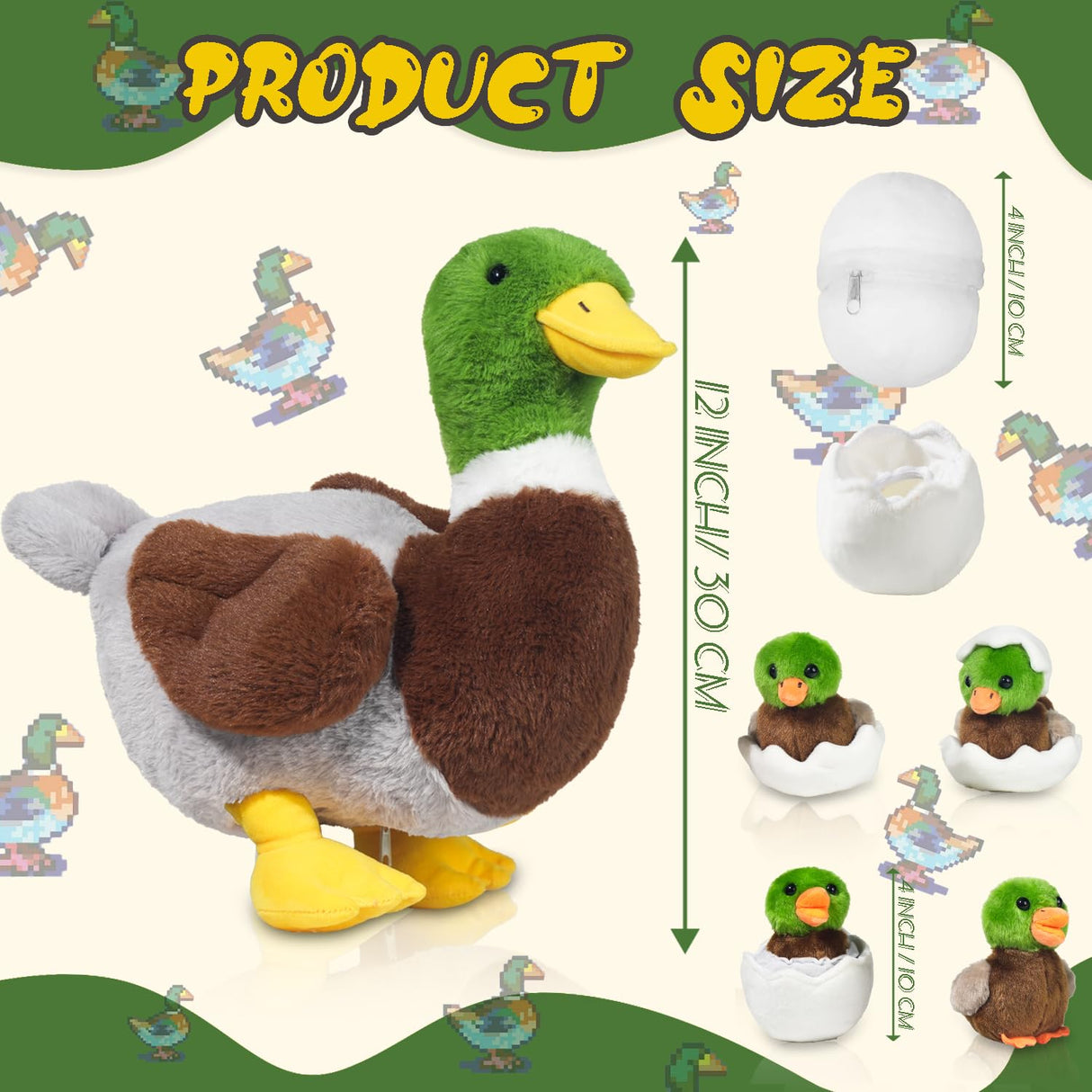 7 in 1 Mallard Duck Stuffed Animals Duck Plush Toys, 12" Zipper Mommy Stuffed Ducks with 4 Baby Ducks Ducklings Toy Eggs Plushies Pillow for Kids Birthday Christmas Surprise Gifts Farm Party Decors