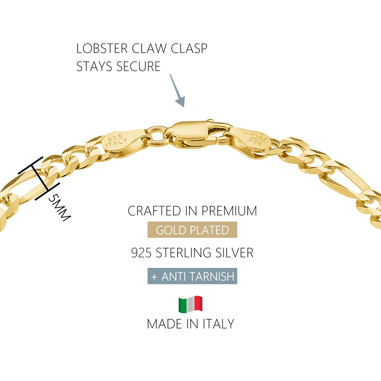 KISPER Gold Figaro Chain Bracelet for Men 5mm Plated 925 Sterling Silver