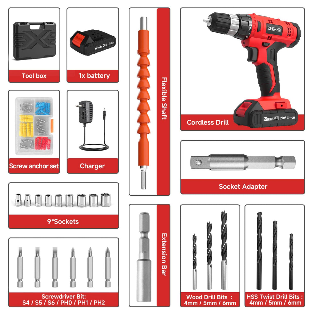 FADAKWALT Cordless Drill Set Red-7420