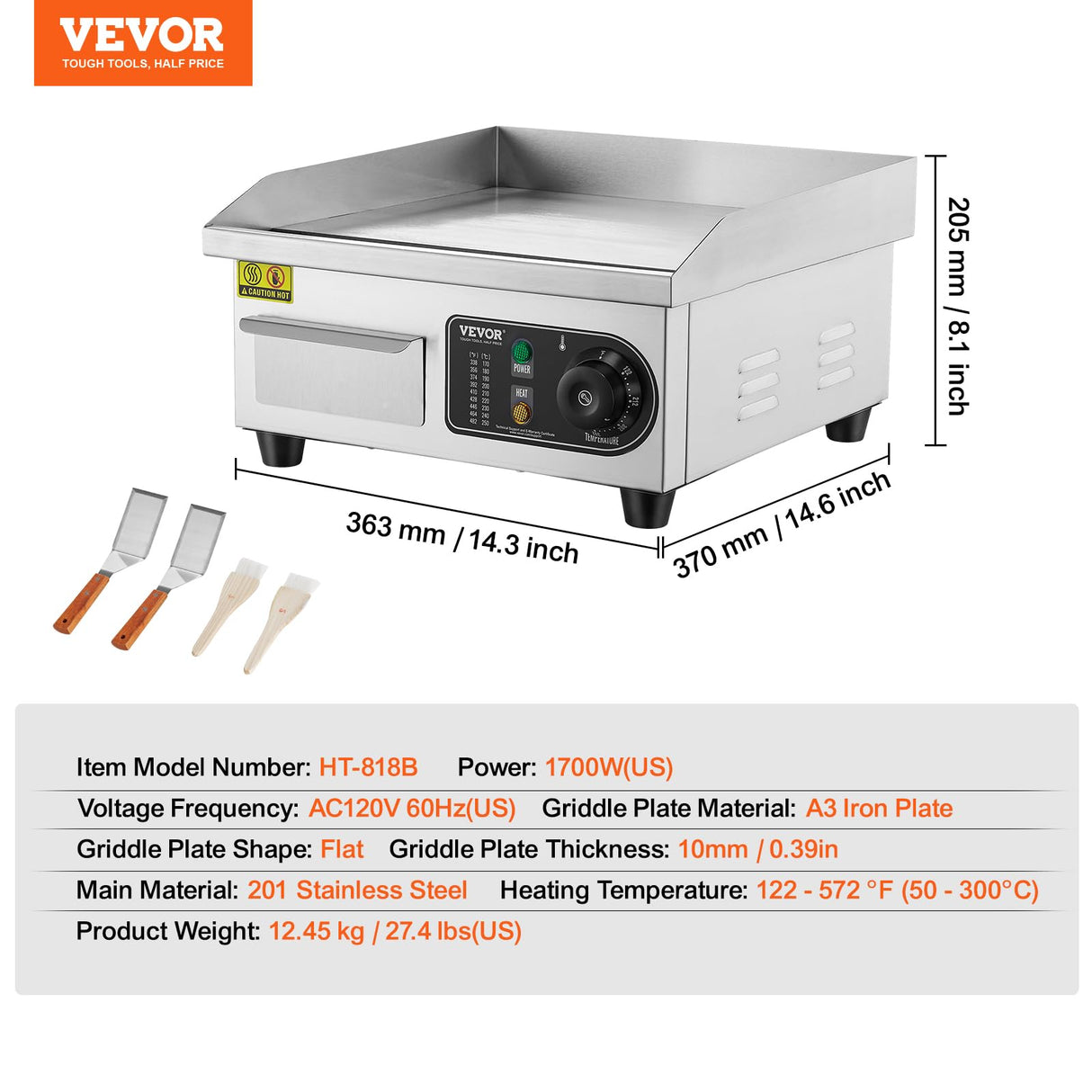 VEVOR Commercial Electric Griddle, 1700W Countertop Flat Top Grill, 14in Stainless Steel Griddle Grill with 2 Shovels and 2 Brushes for Home or Restaurant, 122℉-572 ℉ Adjustable Temp