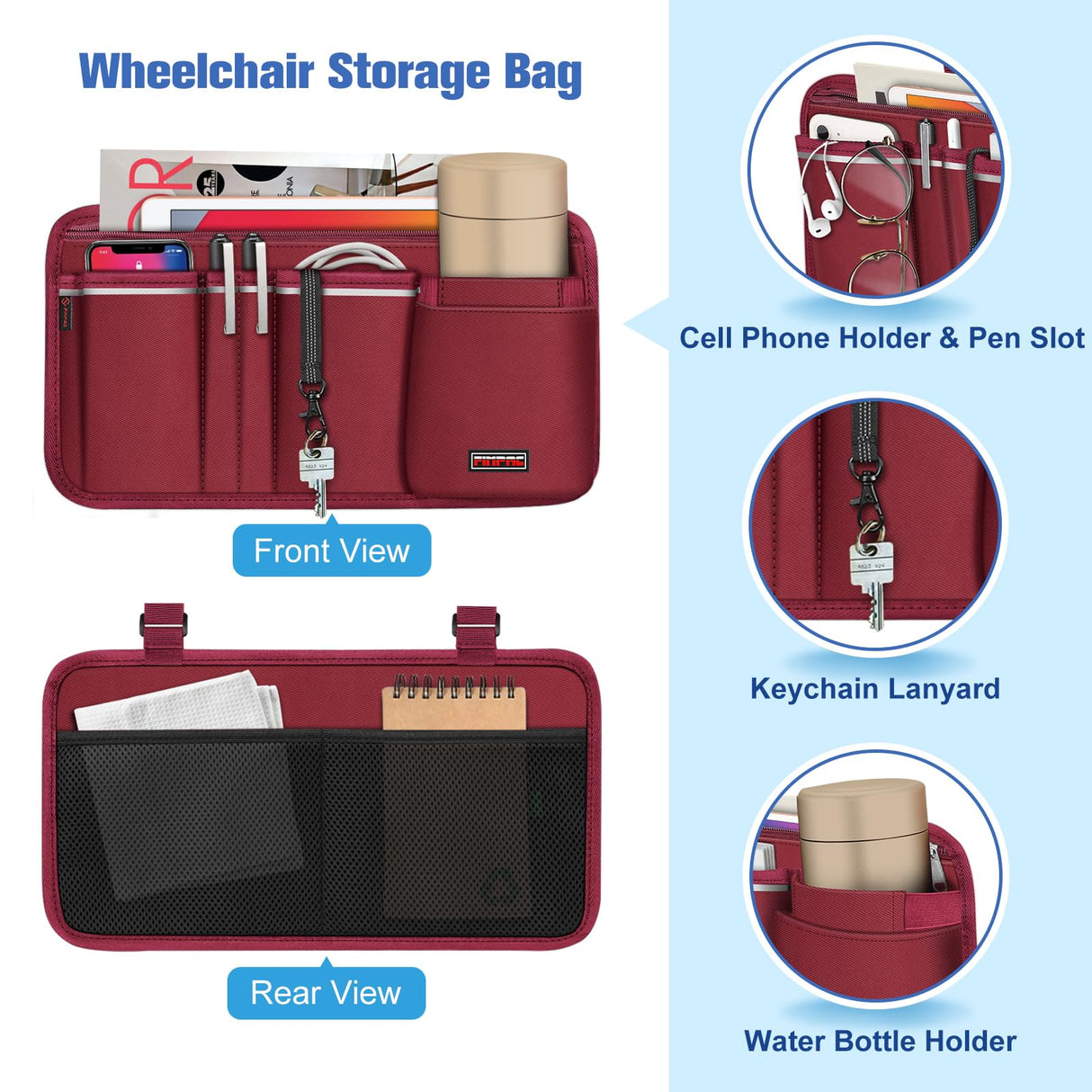 FINPAC Wheelchair Side Storage Bag w/Cup Holder, Wheelchair Armrest Accessories Pouch with Pen Slot and Reflective Strips for Power Walkers, Rollators, Seniors - Burgundy