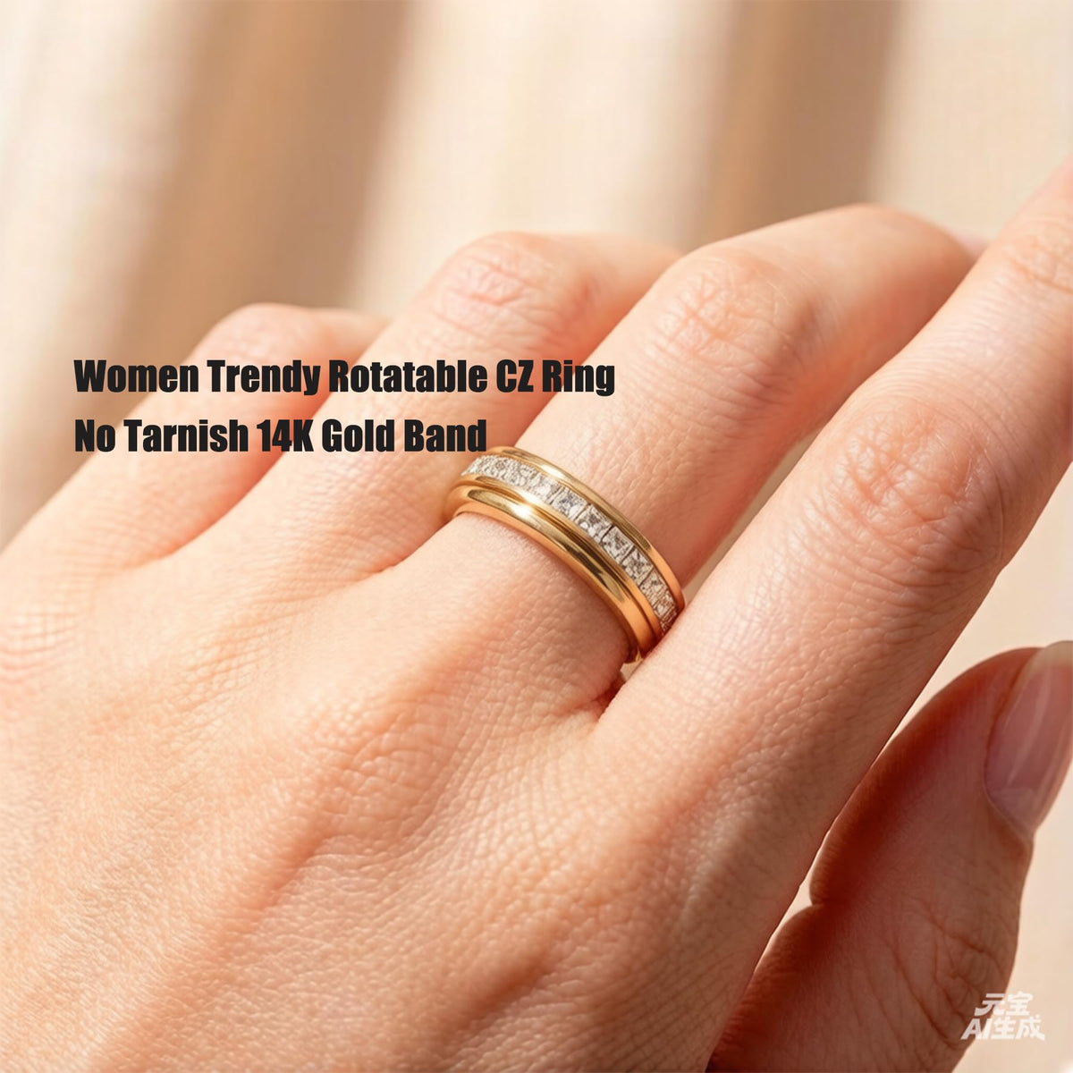 ZDZM Chunky Sparkle Gold Fidget Rings for Women Men Spinner Rings for Anxiety Relieving, Hypoallergenic 18K Gold Plated Full CZ Eternity Band Ring for Women, 6mm Wide Gold Rings Size 7