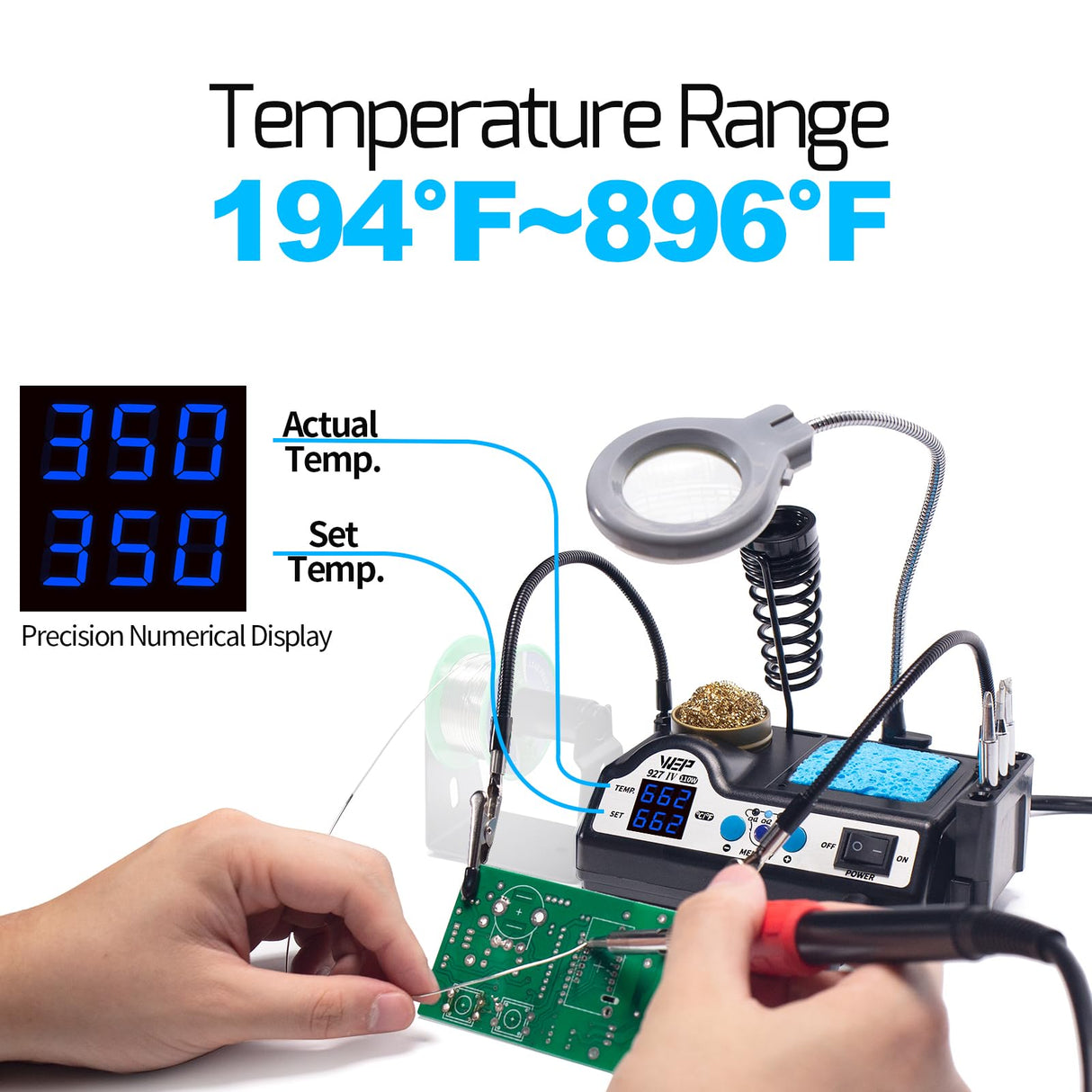 WEP 927-IV Soldering Station Kit High-Power 110W with 3 Preset Channels, Sleep Mode, LED Magnifier, 5 Extra Iron Tips, Tip Cleaner, 2 Helping Hands, Tip Storage Slots, Lead-free Solder Wire, Tweezers