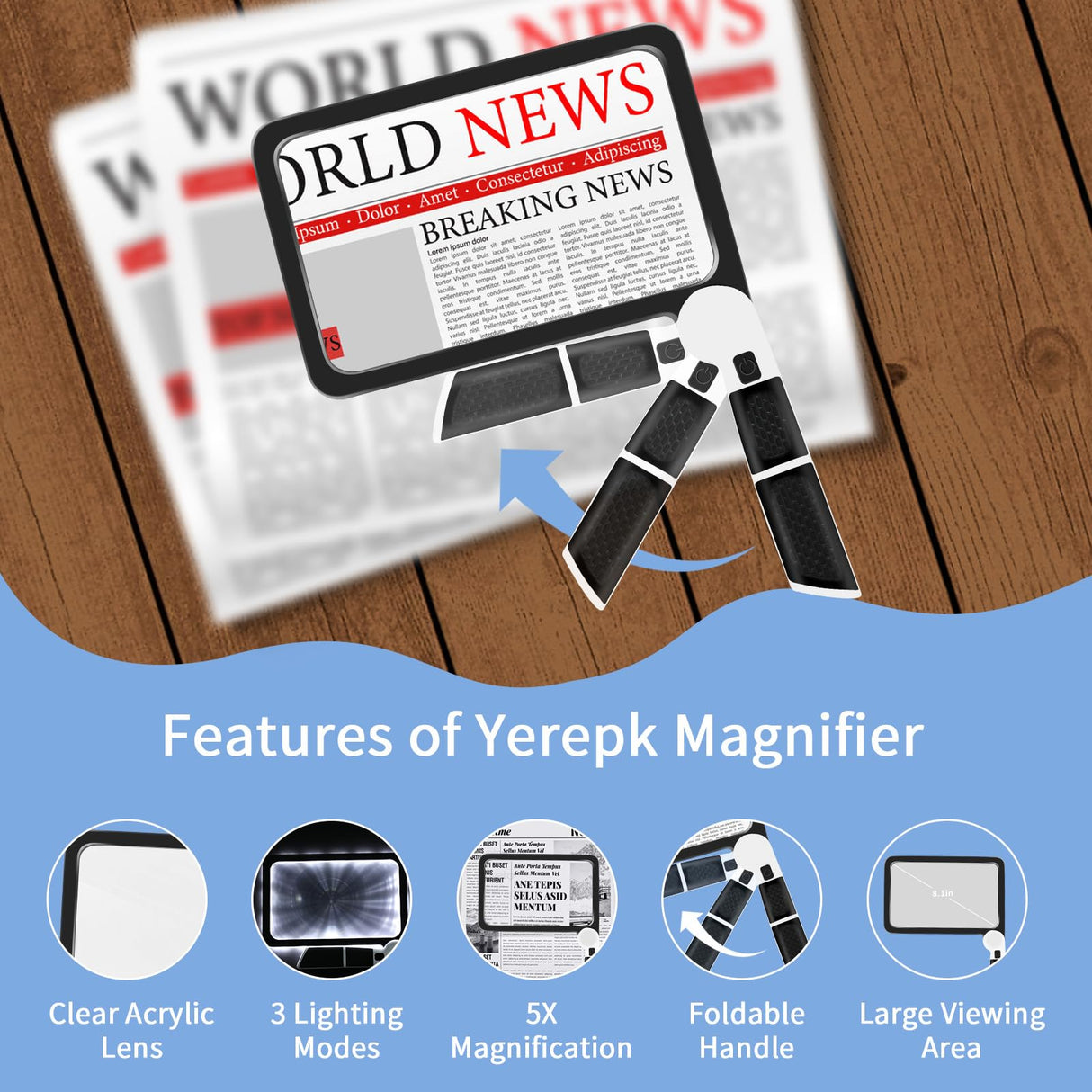 5X Magnifying Glass with Light, Lightweight Full Page Magnifier for Reading, Large Lighted Magnifier with 48 LED Light and Anti-Glare Lens, Ideal Gift for Seniors, Macular Degeneration, Low Visions