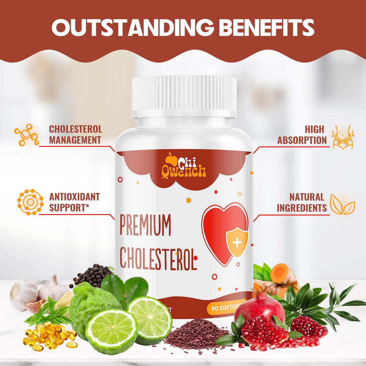 Cholesterol Supplements with Plant Sterols, Niacin, Red Yeast Rice, Citrus Bergamot, Garlic, Cholesterol Supplement Support Normal Cholesterol Levels, 90 Softgels