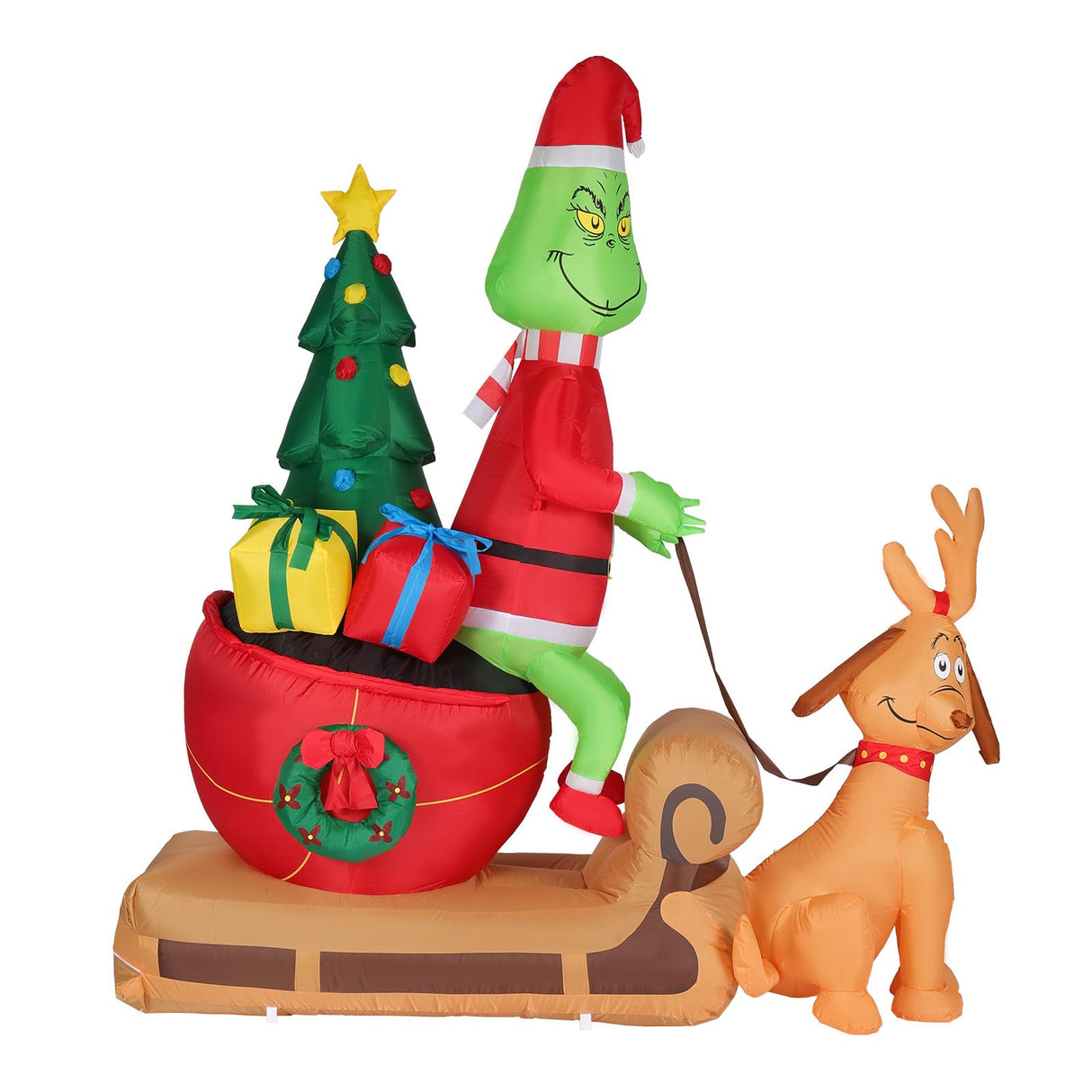 7FT Christmas Inflatable Outdoor Decoration, Green Monster and Dog Max on Sleigh with LED Lights Blow Up Yard Decorations Outdoor Lawn Garden Christmas Inflatable Decorations