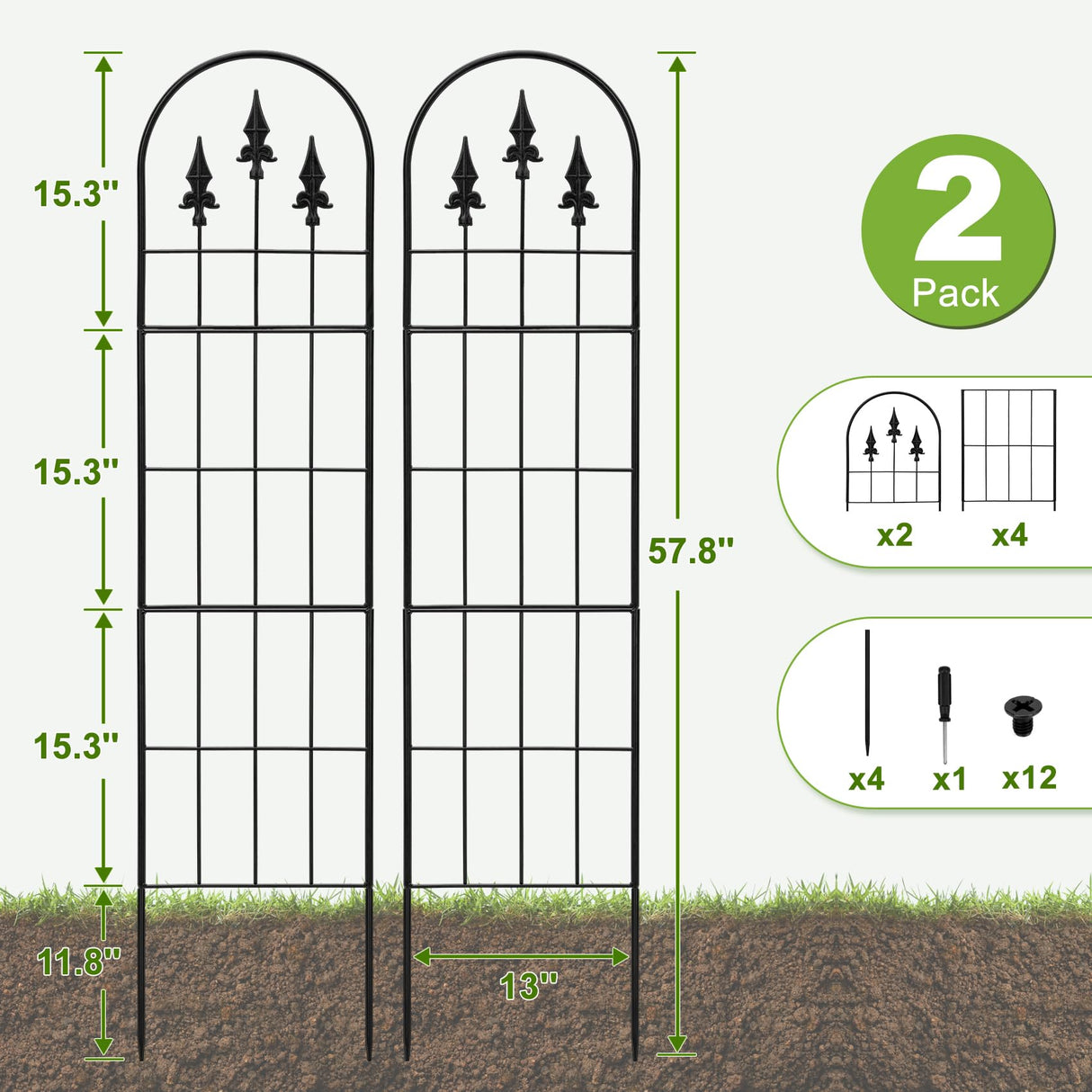 LATIHUUM 2 Pack 57.8" H x13 W Garden Trellis for Climbing Plants Outdoor, Rustproof Arched Metal Rose Trellis for Outdoor Indoor Roses Clematis Potted Climbing Plants Vines Flowers Decorative, Black