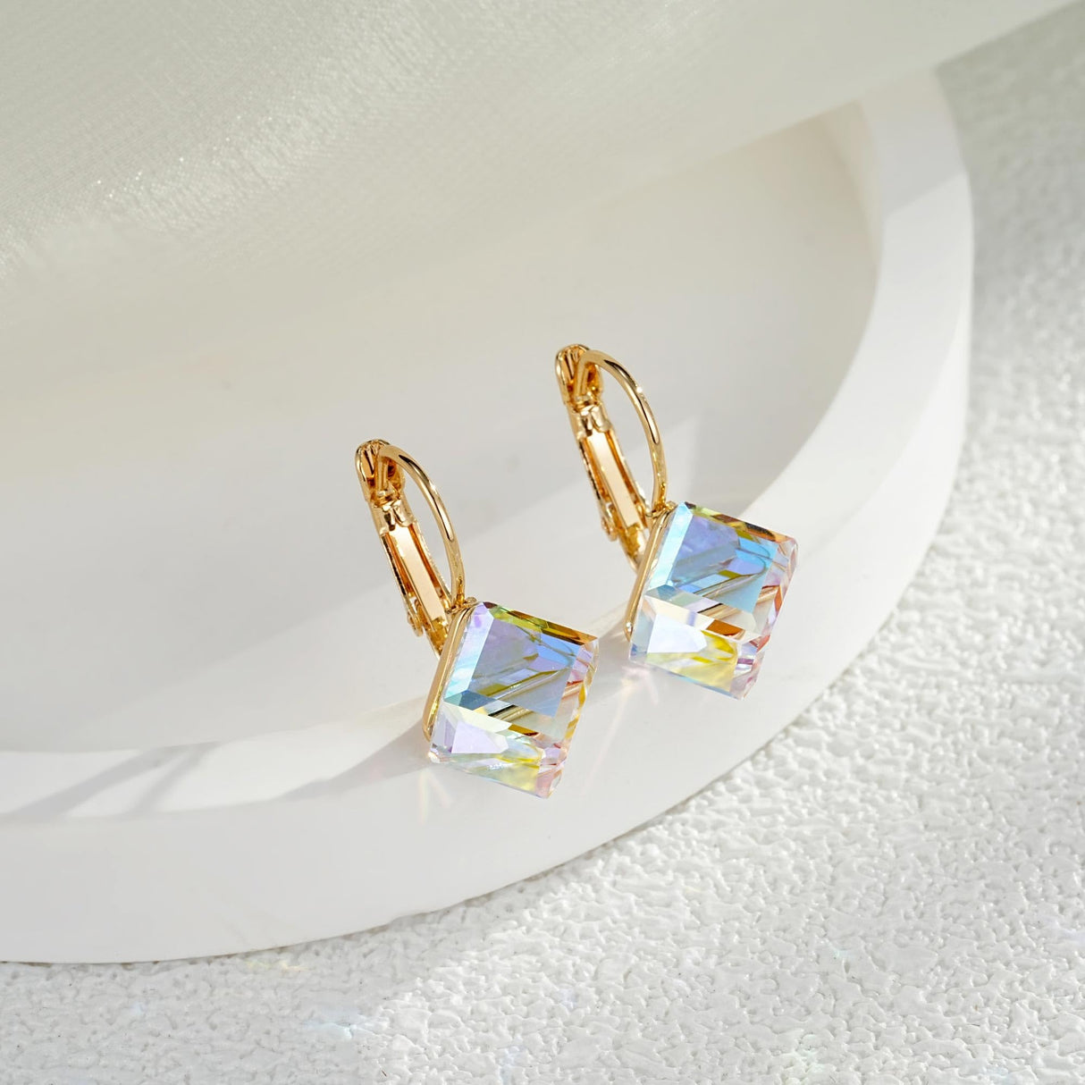 EVEVIC Austrian Crystal Cube Drop Leverback Earrings for Women