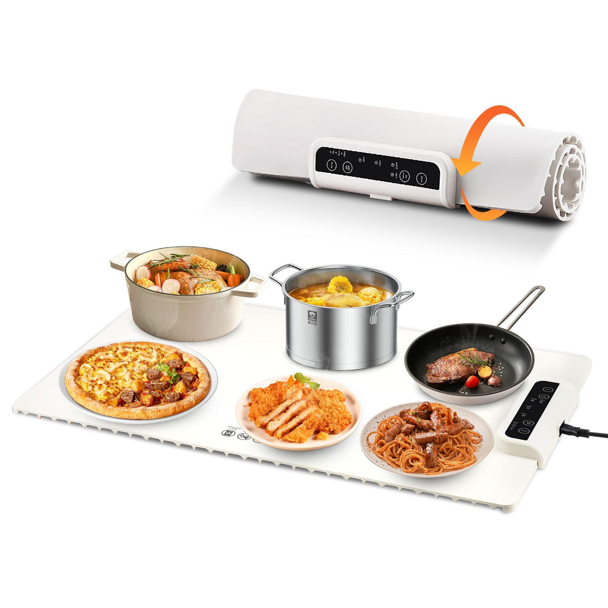 Warming Mat for Food – Full Surface Heating Silicone Electric Tray with 3 Temp Levels, Auto Shut-Off & Safety Lock, Rollable & Portable Warming Pad for Buffets, Parties, Home Use – Beige