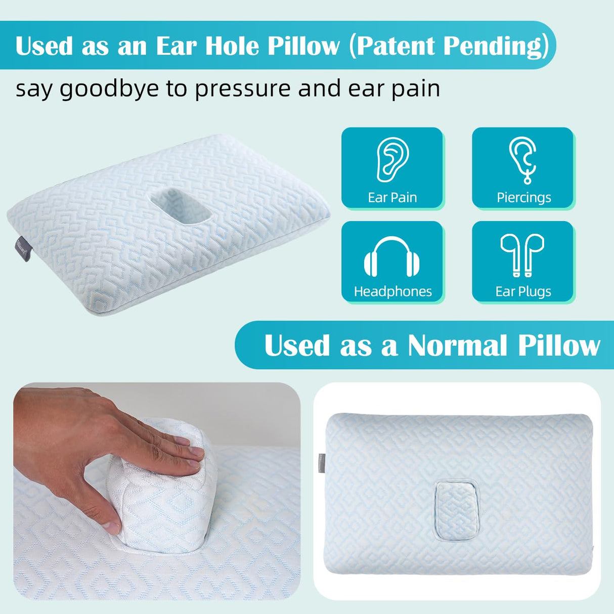 USlixury Piercing Pillow - Large Ear Piercing Pillow with Foam Plug, 4''H Ear Pilow with 5.1*3.2 and Off Center Earr Hole, Soft CertiPUR-US Memory Foam Pirecing Pilow for Side Sleepers, Cooling Sleep