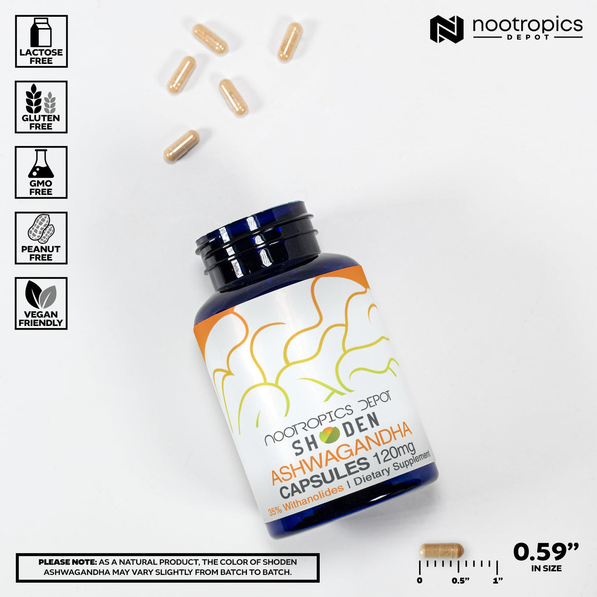 Nootropics Depot Shoden Ashwagandha Extract Capsules | 120mg | 30 Count | 35% Withanolides