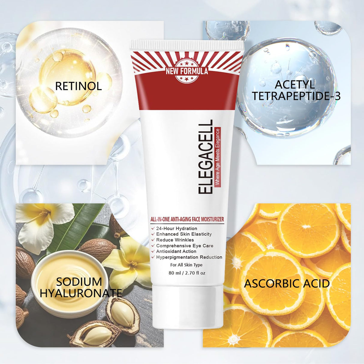 Elegacell Skincare All In One Anti Aging Treatment Face Moisturizer Skin Tightening Retinol Cream for Face - Suit for Men and Women 2.7 fl.oz